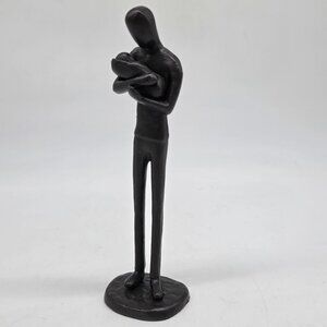 Modern Black Metal Sculpture Of Parent Father Holding Child 7.5" Tall